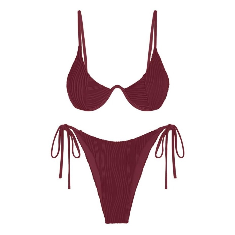 NWT ZAFUL Ribbed Underwire Bikini Set Side‎ Tie Thong Wine Red Large